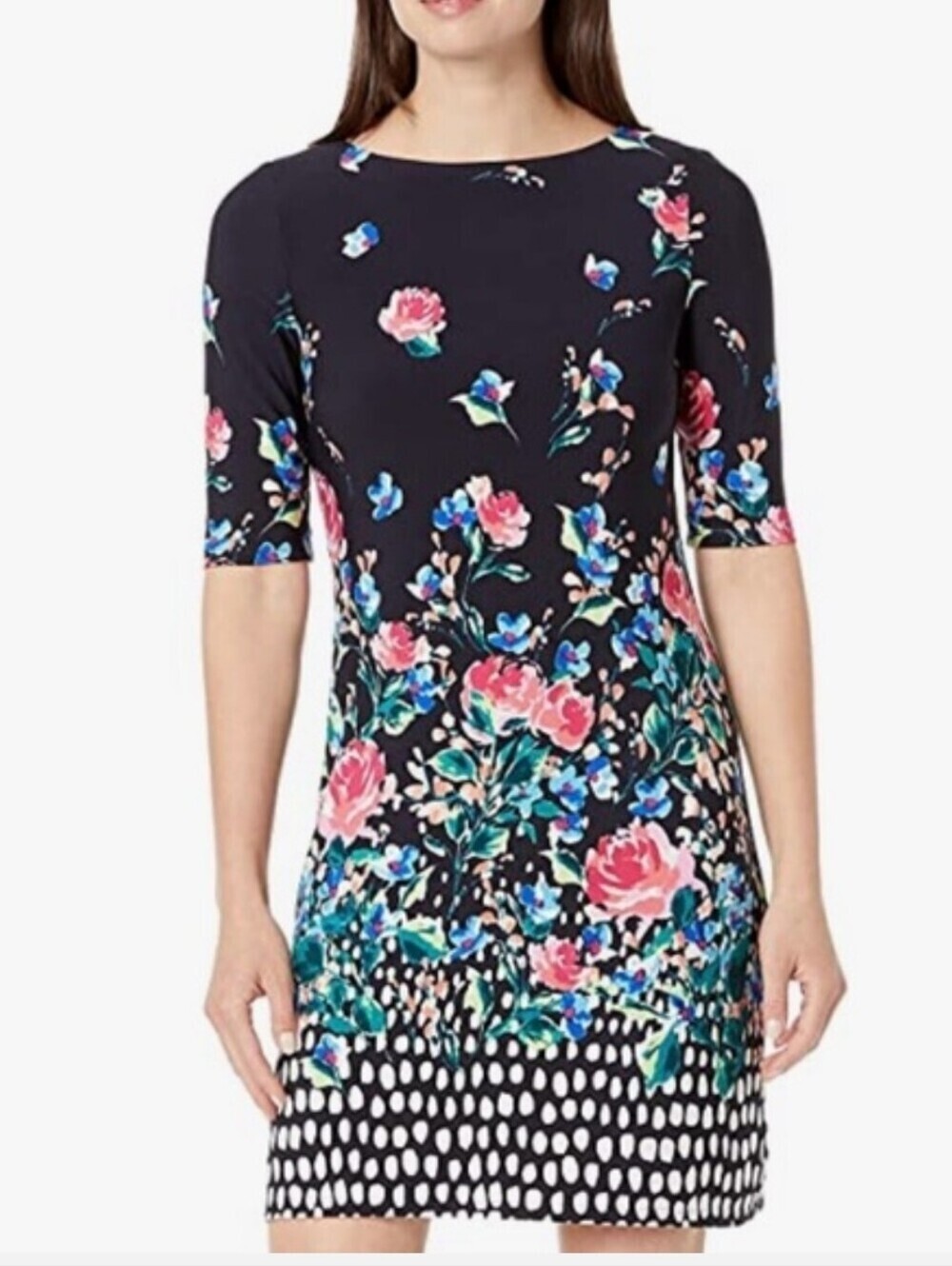 Eliza J Women's Navy Floral Patterned Elbow Sleeve Shift Dress Size 8